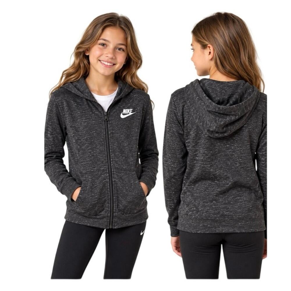 Nike Kids Youth L Black Heather Full Zip Hoodie Swoosh Cotton Jacket NWT